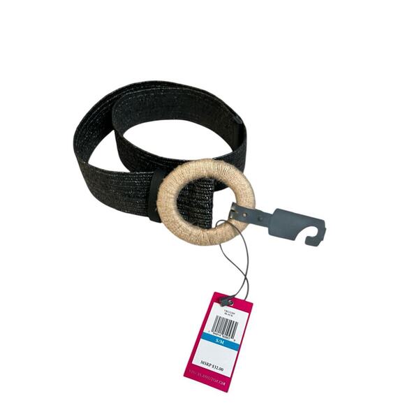 Vince Camuto Raffia Buckle Stretch Belt Size Small/Medium NWT Black Tan Stretch - Picture 2 of 4